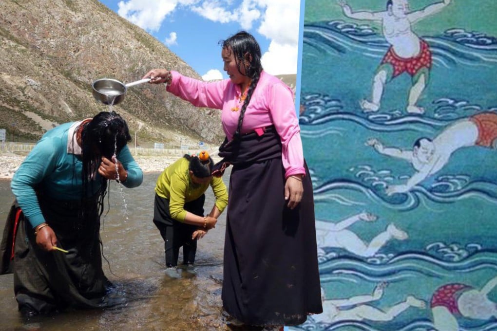 Tibets “Bathing Festival” lasts seven days, during which people of all ages bathe in natural waters, socialise and seek romantic partners through music. Photo: SCMP composite/Douyin/Zhihu