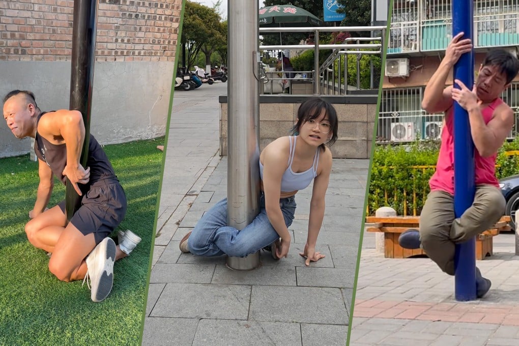 An online challenge in which people climb lamp posts cross-legged has gone viral in China, with participants often looking foolish by becoming stuck. Photo: SCMP composite/RedNote