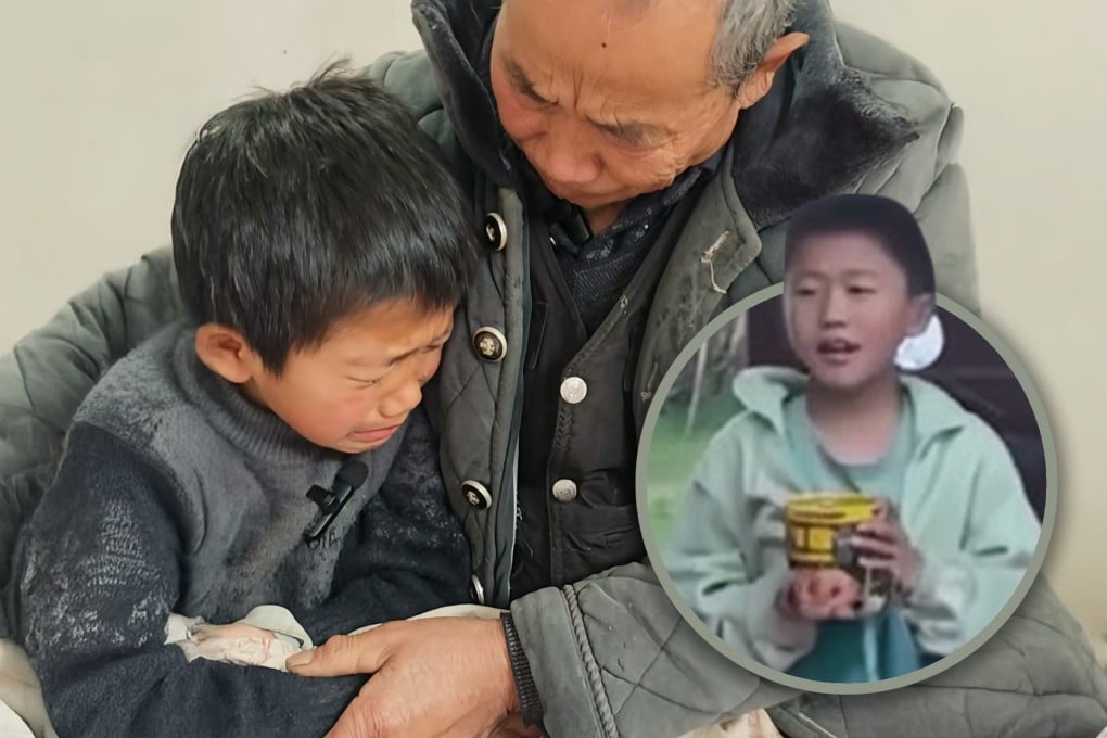 A nine-year-old boy in China relies on his 73-year-old grandfather after his father died and his mother remarried. His teacher was so moved by his story that she offered to care for him if his grandfather dies. Photo: SCMP composite/Douyin