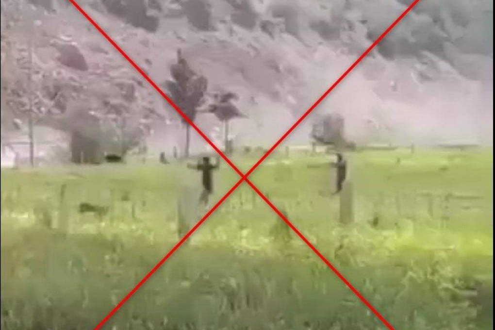 A screenshot showing scenes from a video falsely claiming to show a US pilot captured by Iran, with lines drawn through by the SCMP. Photo: Handout/SCMP