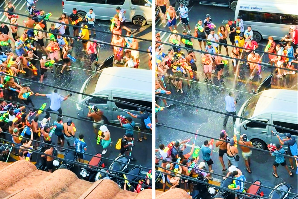 Screenshots from a viral video showing Songkran festival revelers spraying a van driver in Patong. Photo: TikTok /  littlepatong