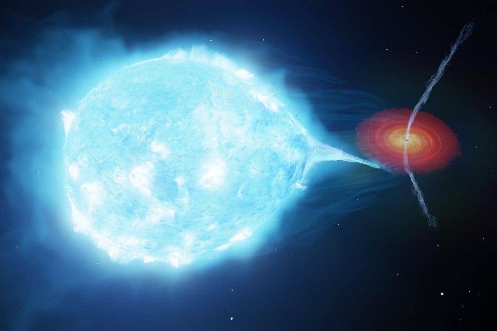 The strong stellar wind from a supergiant star pushes the jets launched by a black hole away from the star. Image: International Centre for Radio Astronomy Research via AP