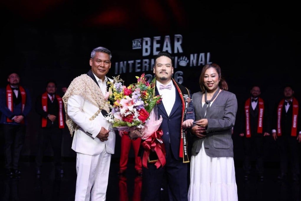 Gavin Chow (center) after being named the winner of the Mr Bear International competition in Bangkok on Monday. Photo: Facebook / Mr Bear International