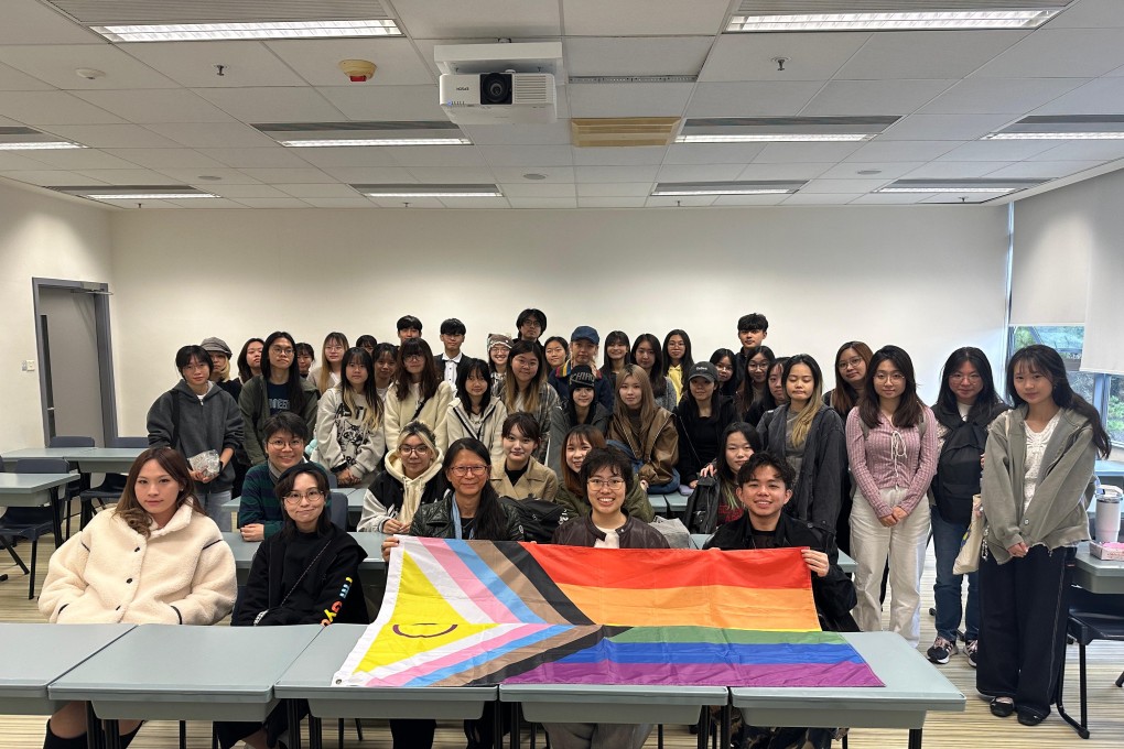 Liam Mak from transgender youth support group Quarks, with CUHK students. Photo: Handout
