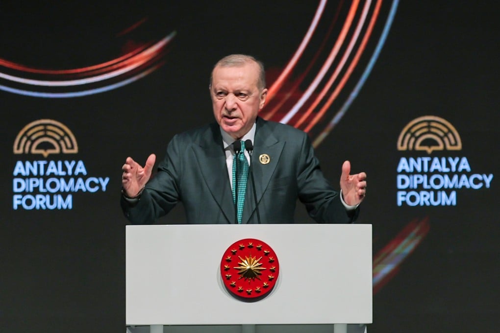 Turkey’s President Recep Tayyip Erdogan gives a speech during the Antalya Diplomacy Forum, in Antalya, southern Turkey, on Friday. Photo: AP