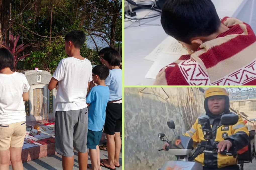 Quirky China: a woman discovered she had been sweeping the wrong tomb for two years, a boy completed his homework in an hour at the police station, and a food delivery rider serves an entire community. Photo: SCMP composite/Shutterstock/Douyin/ifeng