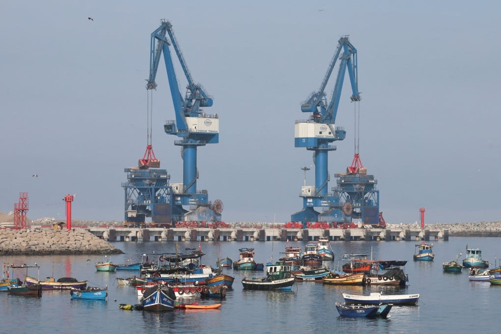 Boats in the water, in front of cranes at the Chinese-built Chancay megaport operated by Cosco Shipping, in Chancay, Peru. Photo: Reuters
