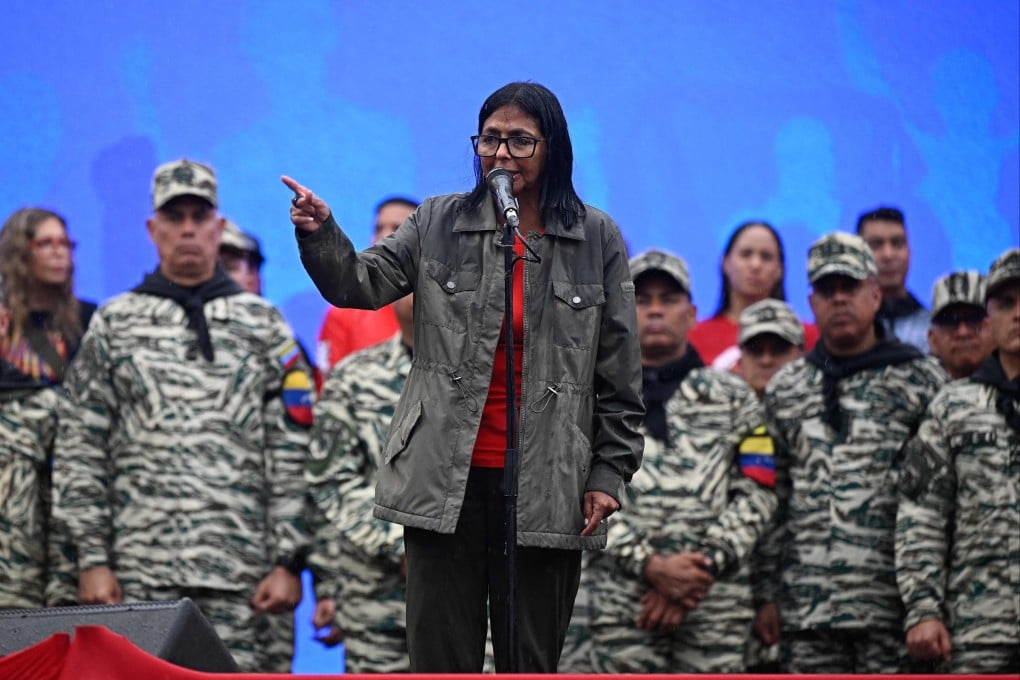 Venezuela’s interim President Delcy Rodriguez delivers a speech during a civil-military parade in Caracas on Monday. Photo: AFP