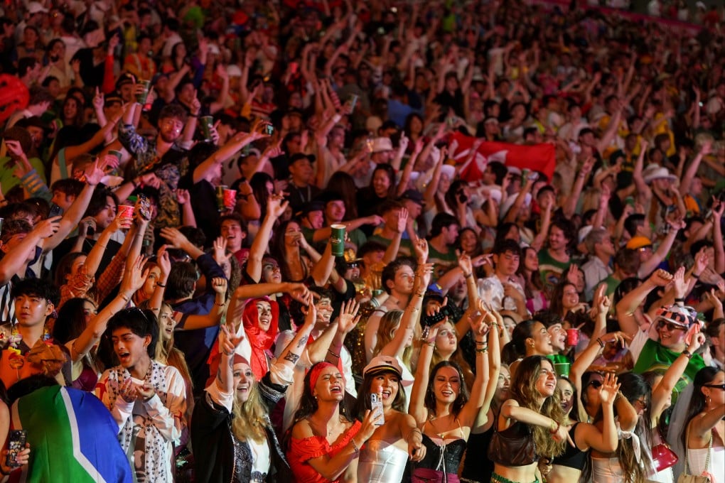 Rugby fans in the south stand on Day 2 of the Cathay / HSBC Hong Kong Sevens 2026 at Kai Tak Stadium. 18APR26 SCMP / Sam Tsang