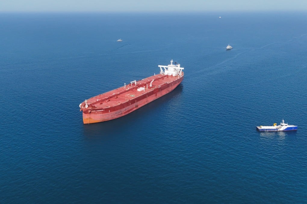 A drone view shows the Malta-flagged tanker Agios Fanourios I, an oil tanker that sailed through the Strait of Hormuz, arriving in Iraq’s territorial waters off Basra, Iraq, on Friday. Photo: Reuters