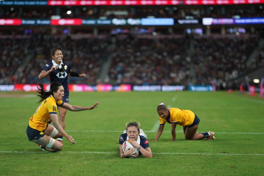 Haruka Uematsu scores Hong Kong’s consolation try against Thailand on day two of the Cathay/HSBC Hong Kong Sevens at Kai Tak Stadium on Saturday. Photo: Elson Li