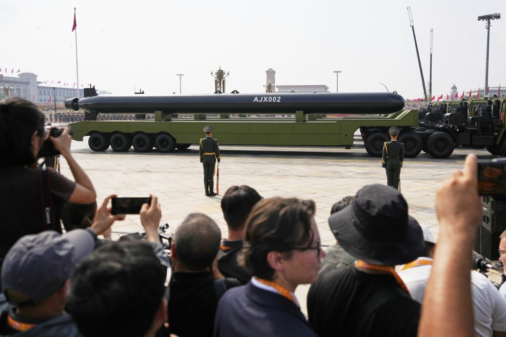 The torpedo-shaped AJX002 drone was revealed during the Victory Day military parade in Beijing in September. Photo: AP