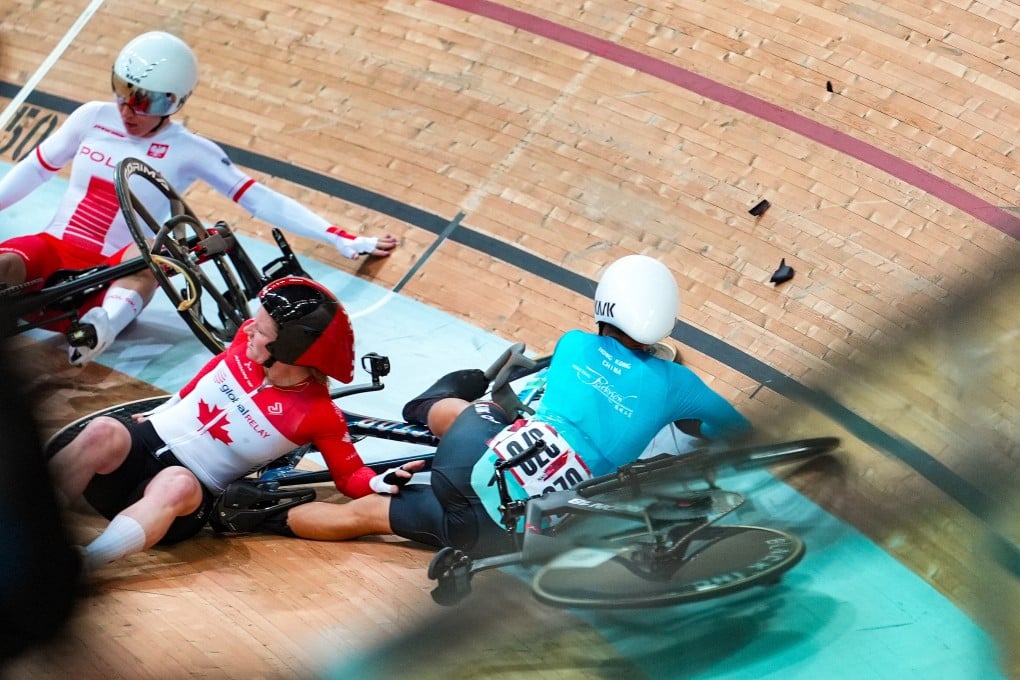 Hong Kong’s Ceci Lee (right)  crashes in the women’s Omnium during the UCI Track World Cup in Tsueng Kwan O. Photo: Eugene Lee