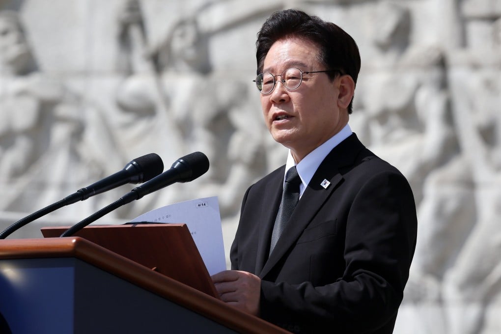 South Korean President Lee Jae Myung delivers a speech during a ceremony at the National Cemetery in Seoul on Sunday. Photo: EPA/Yonhap