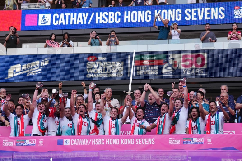 Hong Kong celebrate after winning the Melrose Claymores final for the third straight year at Kai Tak Stadium on Sunday. Photo: Karma Lo