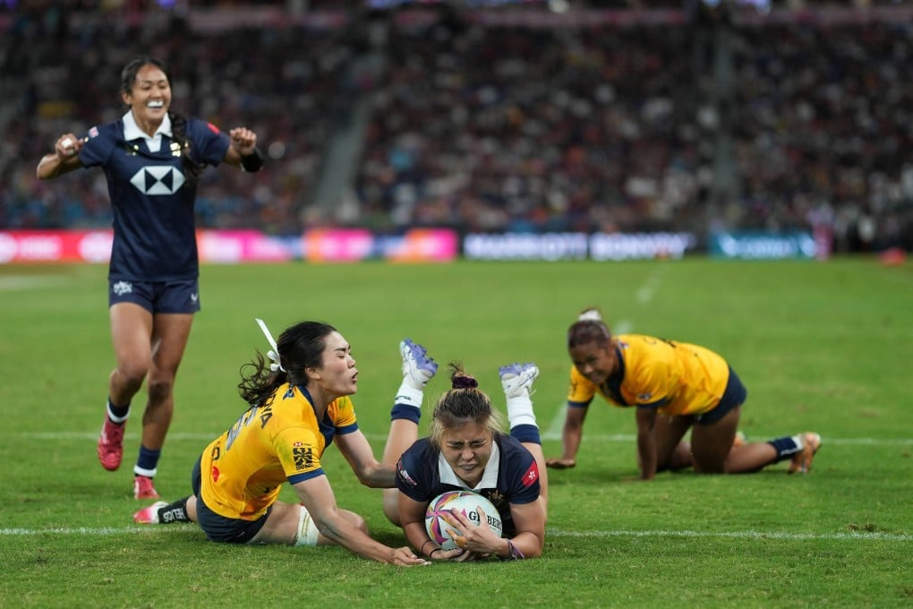 Hong Kong’s Haruka Uematsu scores against Thailand at the Cathay/HSBC Hong Kong Sevens. Photo: Elson Li