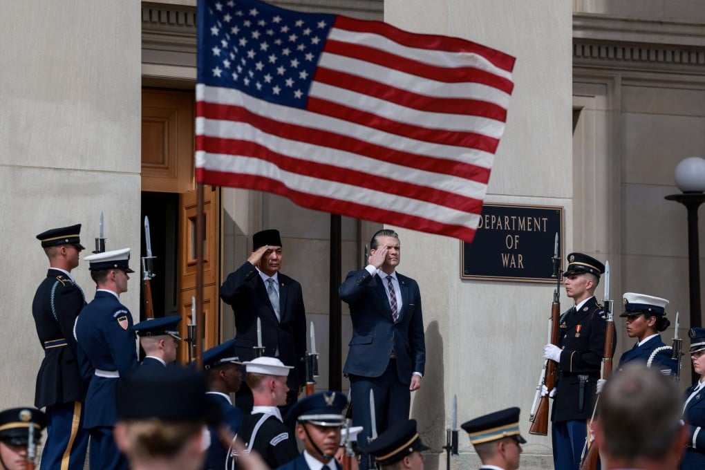 US Defence Secretary Pete Hegseth hosts an honour cordon for Indonesia’s Defence Minister Sjafrie Sjamsoeddin at the Pentagon, in Washington, US, on April 13. Photo: Reuters