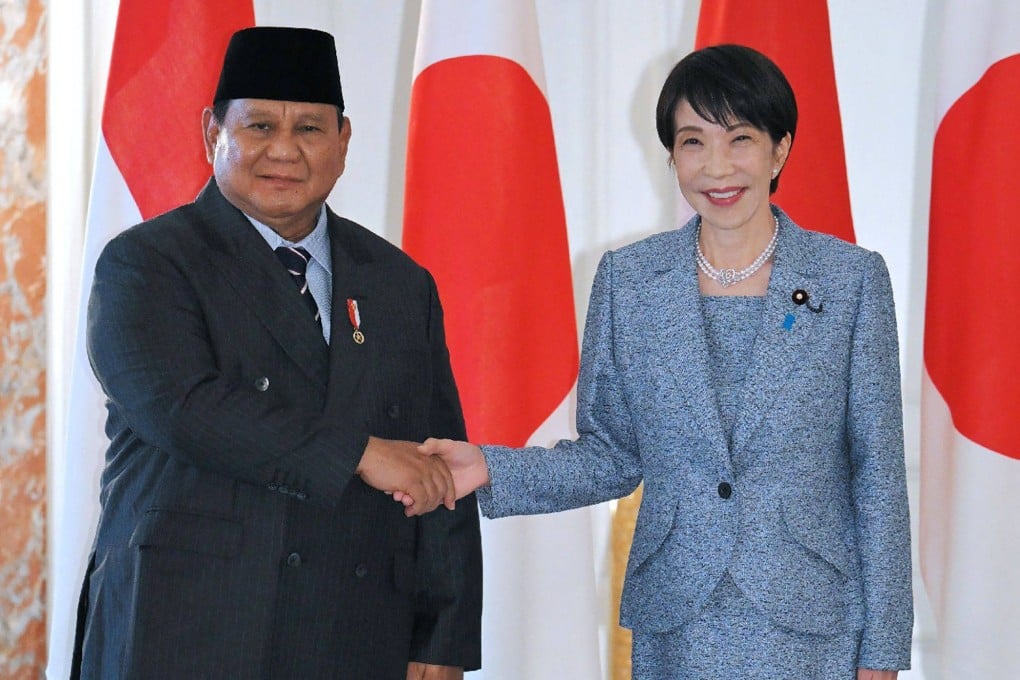Indonesia’s President Prabowo Subianto and Japan’s Prime Minister Sanae Takaichi shake hands ahead of a meeting in Tokyo on March 31. Photo: Jiji Press/AFP