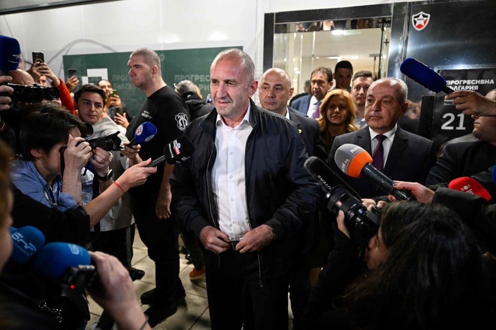 Progressive Bulgaria coalition’s leader and former president Rumen Radev speaks to the press at his party headquarters after polls closed in Bulgaria’s parliamentary elections in Sofia on Sunday. Photo: AFP