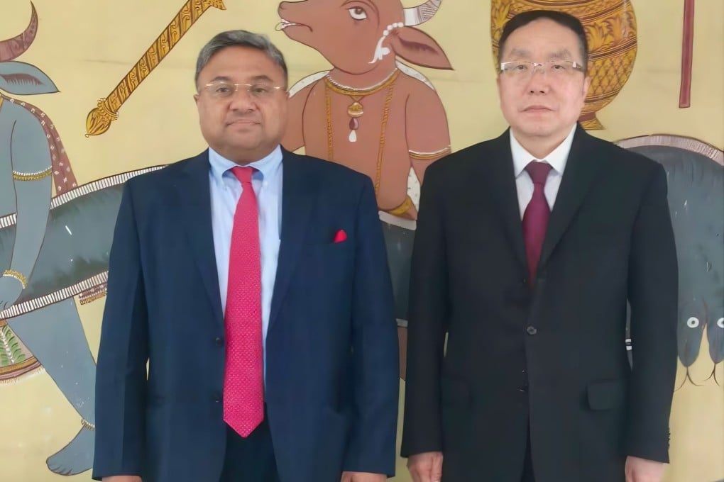 A picture shared by Chinese Ambassador to India Xu Feihong shows Yan Wenbin (right), China’s national coordinator for SCO affairs, with his Indian counterpart Alok Amitabh Dimri during talks in New Delhi on April 16-17. Photo: X/China_Amb_India