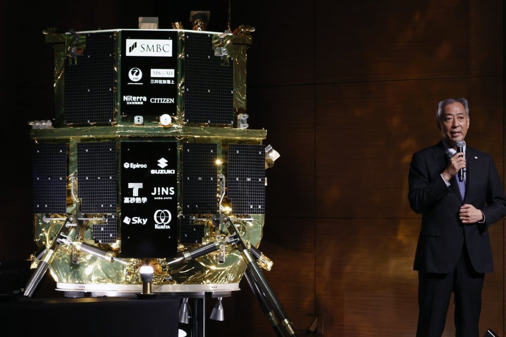 JAXA President Hiroshi Yamakawa speaks next to a replica of Resilience, a moon lander built by Japan-based start-up ispace, on June 6, 2025. Photo: EPA-EFE