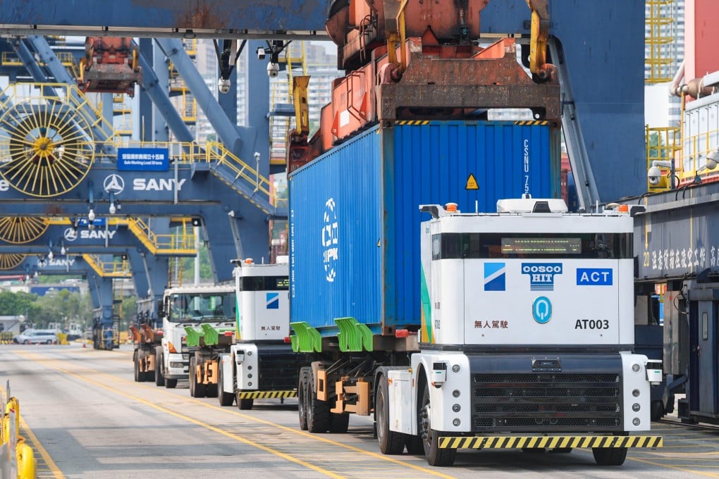 Containers being loaded on to the AI-powered autonomous trucks at Kwai Tsing Terminal. Photo: Elson Li