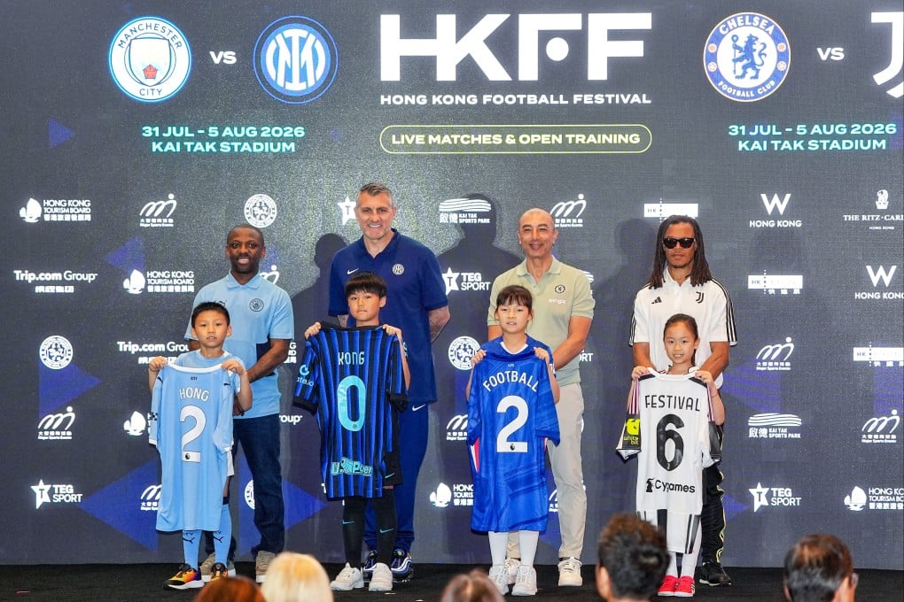 Former stars (back row, left to right) Shaun Wright-Phillips, Christian Vieri, Roberto Di Matteo and Edgar Davids at the launch of the 2026 Hong Kong Football Festival. Photo: Elson Li