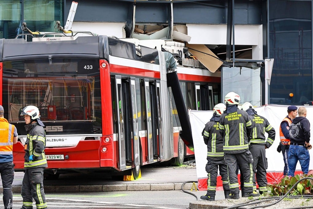 The trolleybus that crashed into a supermarket. Photo: AFP