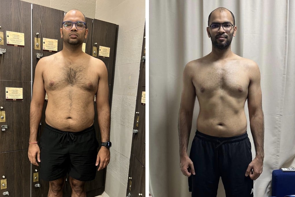 Shashank Gangil at his heaviest of 94kg (left) in November 2024 and at 74kg months before his twins were born in March 2026. Photo: Himanshu Thakur