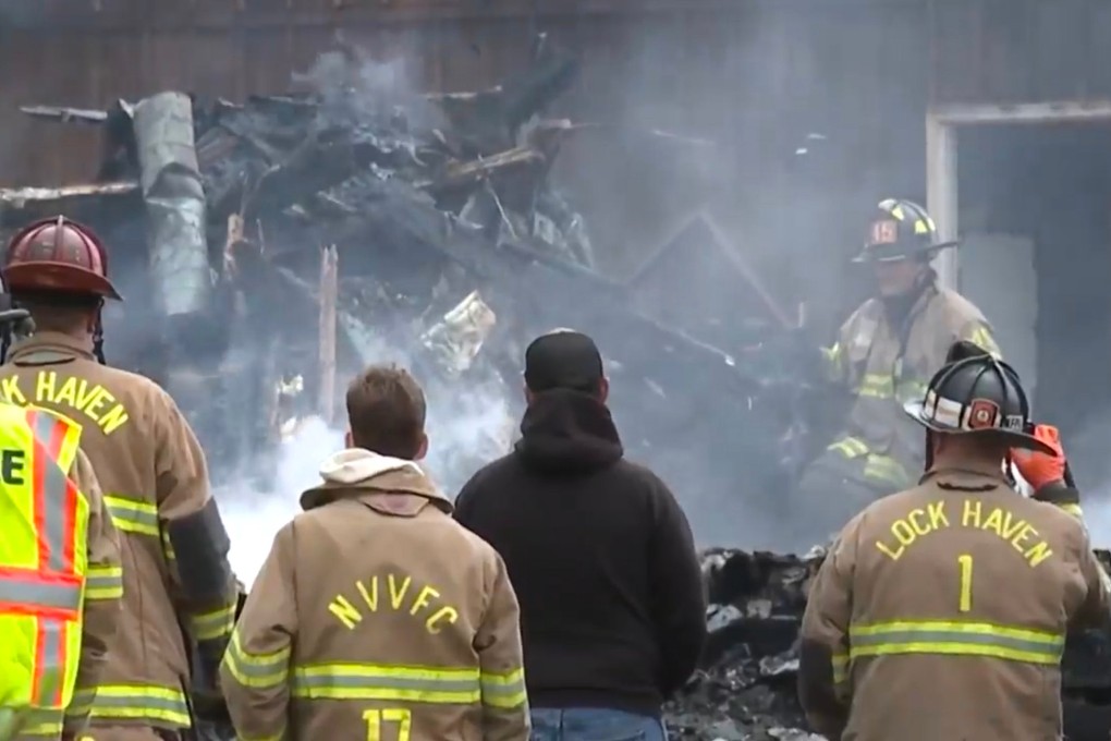 First responders at the scene of an explosion and fire in Lamar Township near Mill Hall, Pennsylvania on Sunday. Photo: WNEP via AP