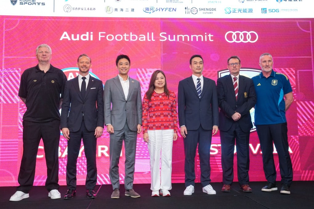 (Left to right) Stefan Effenberg, Rouven Kasper, Eric Fok, Rosanna Law, Zhou Quanqing of promoters Kuokai Sports, Ben Hatton, and former Villa and Bayern striker Alan McInally at the launch of the Audi Football Festival. Photo: Elson Li