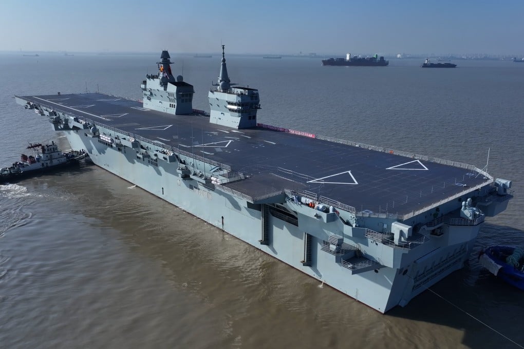 China’s first drone-carrying Type 076 amphibious assault ship, the Sichuan, on its maiden sea trial last November. Photo: Xinhua