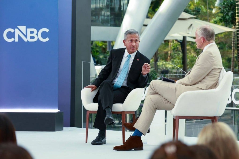 Singapore’s Foreign Minister Vivian Balakrishnan (centre) during a panel at CNBC Converge Live with host Steve Sedgwick at Jewel Changi Airport on Wednesday. Photo: CNBC