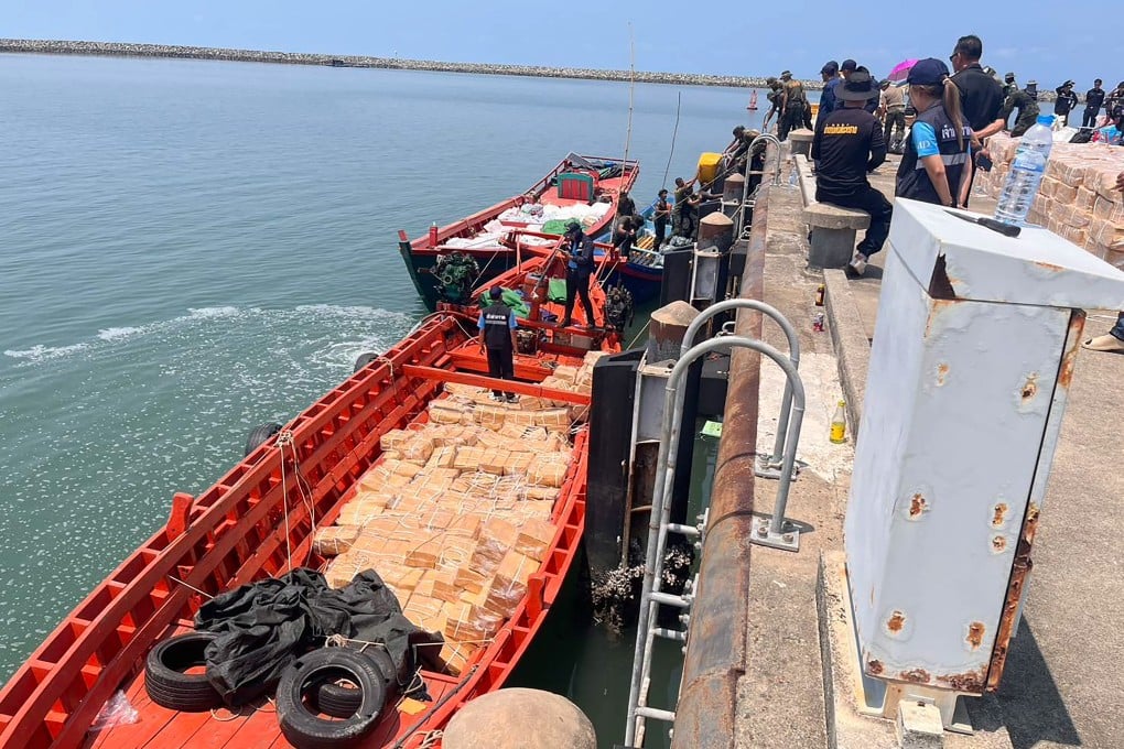 Cambodian boats stopped by Thai authorities earlier this month in Thailand’s eastern coastal province of Trat. Photo: Facebook / RTNSpokesperson