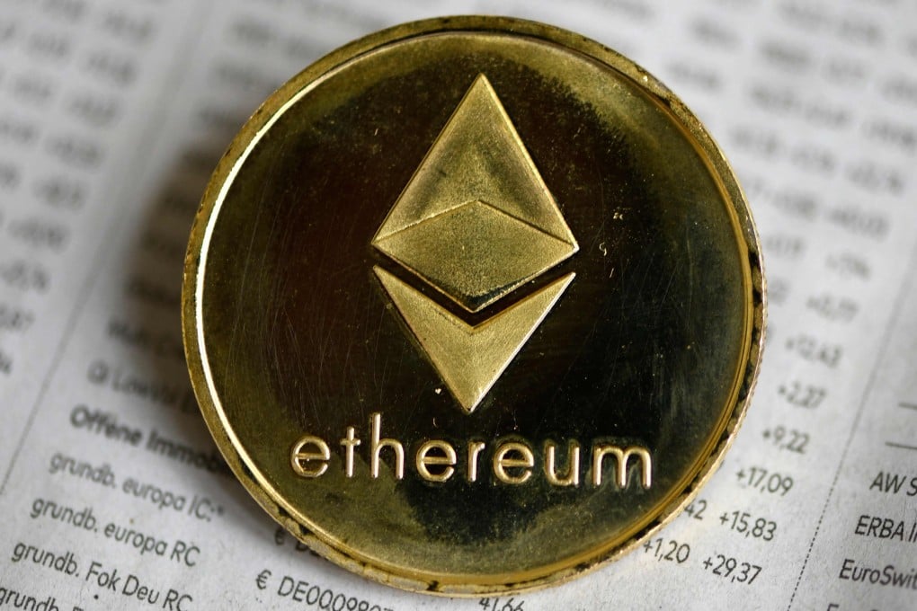A physical imitation of an Ethereum cryptocurrency token. Photo: AFP