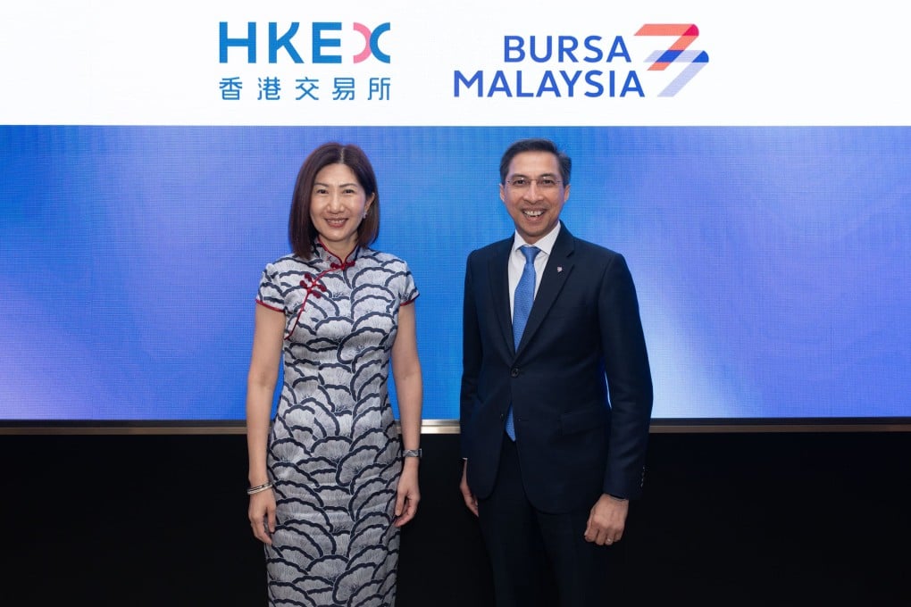 Hong Kong Exchanges and Clearing CEO Bonnie Chan Yiting (left) and Bursa Malaysia CEO Dato’ Fad’l Mohamed appear in a media briefing at the HKEX office in Central on April 22, 2026. Photo: Handout