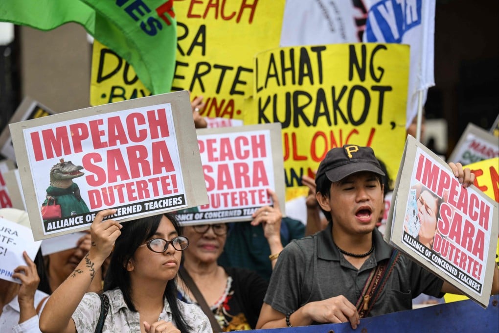 Protesters call for the impeachment of Philippine Vice-President Sara Duterte-Carpio outside the House of Representatives in Quezon City, Metro Manila, last month. Photo: AFP