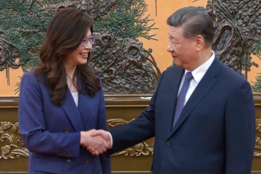 Kuomintang leader Cheng Li-wun shakes hands with Chinese President Xi Jinping at the Great Hall of the People in Beijing, China, on April 10. Photo: CTI via Reuters