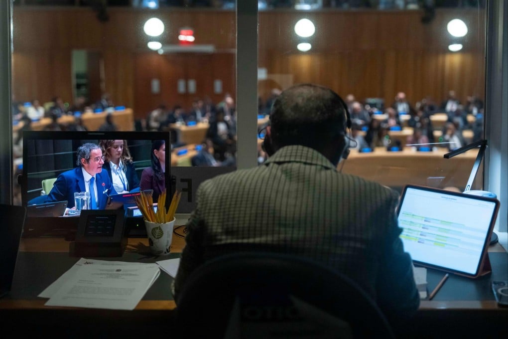 A screen shows Rafael Grossi speaking at the UN headquarters in New York on Tuesday. Photo: AP