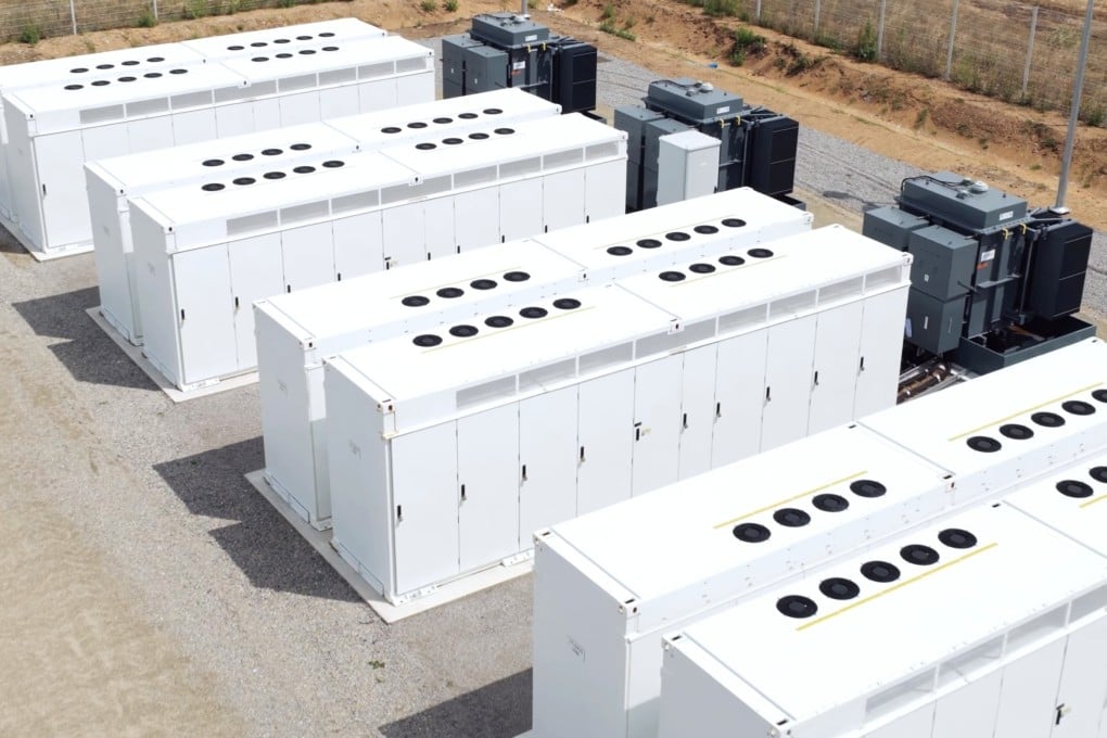 A close-up view of multiple battery energy storage system (BESS) containers in utility installation. They are designed to support renewable integration, load balancing and grid electricity. Photo: Handout