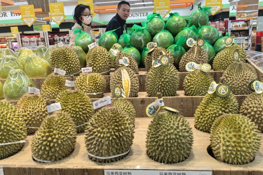 Fresh Musang King durians from Malaysia are displayed for sale in the supermarket in Beijing, China, on April 13. Photo: Simon Song