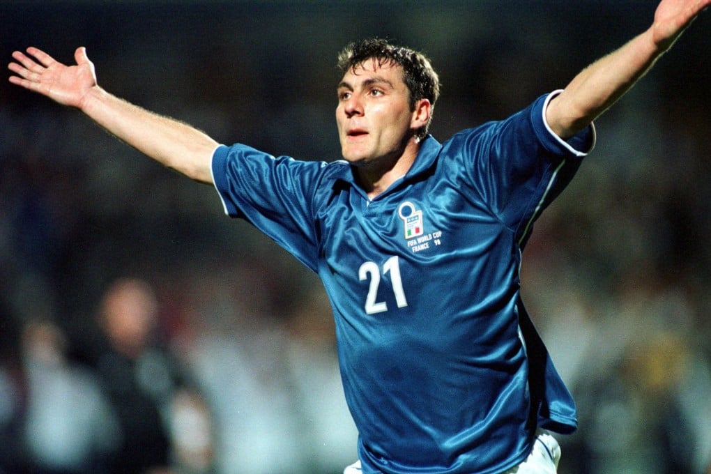 Christian Vieri rejoices after scoring the first of his two goals against Cameroon during a World Cup match at France 1998. The striker also played in the 2002 tournament. Photo: AP
