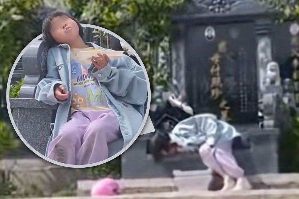 A young girl has moved many internet users with her story of insisting on remaining by her grandparents’ tombs, even sleeping nearby for a time. Photo: SCMP composite/Douyin
