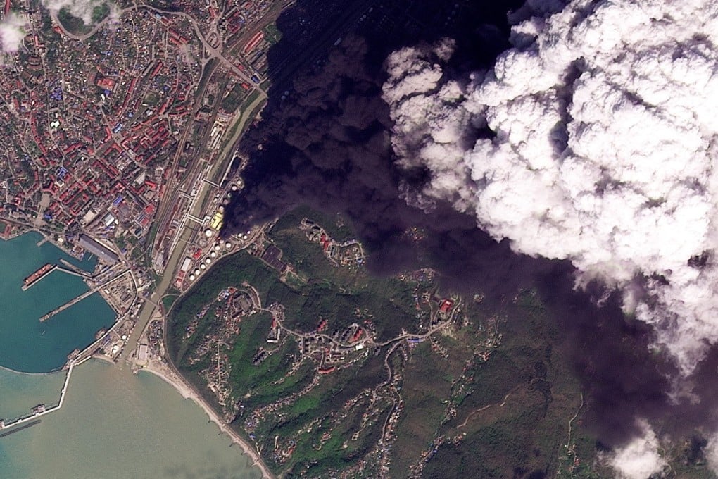 A satellite image shows smoke rising from an oil refinery in Tuapse, Russia, on Monday after an overnight strike claimed by Ukraine’s military. Photo: Planet Labs PBC/Reuters