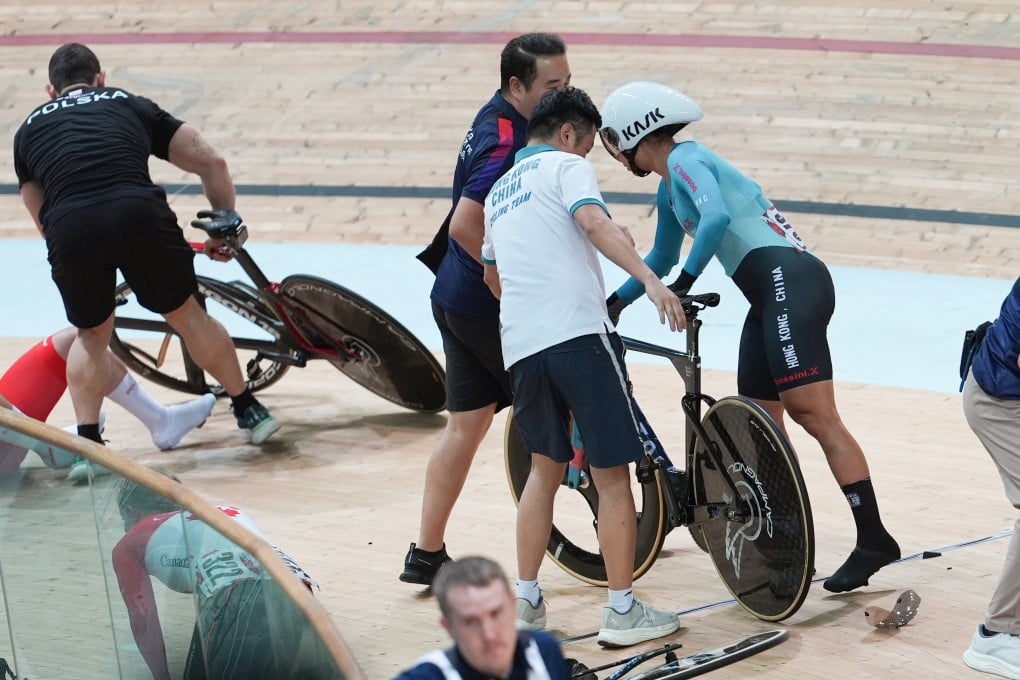 Ceci Lee picks herself up after a heavy collision at Hong Kong Velodrome on Sunday. Photo: Eugene Lee