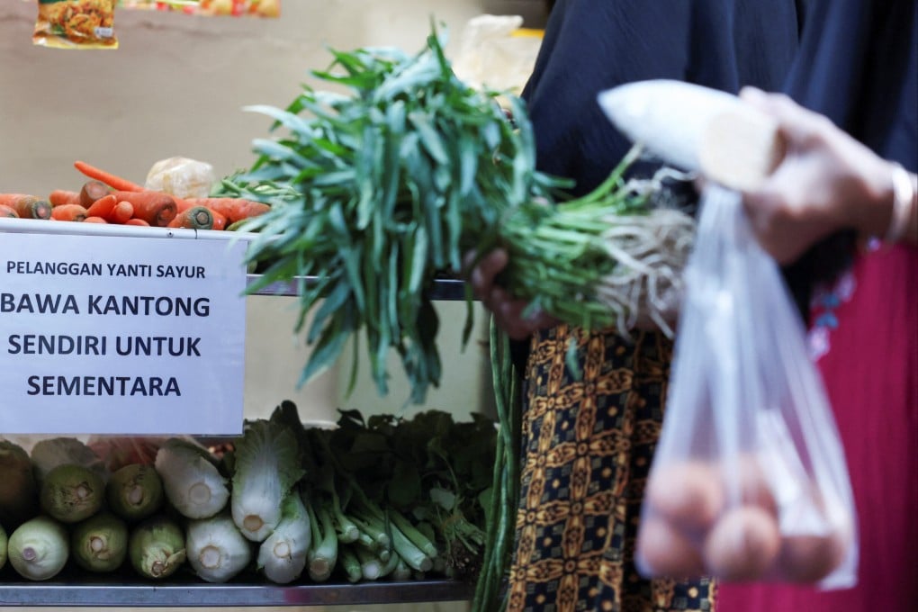 A woman shops for vegetables in Depok, Indonesia, earlier this month near a sign asking customers to bring their own shopping bags. Photo: Reuters