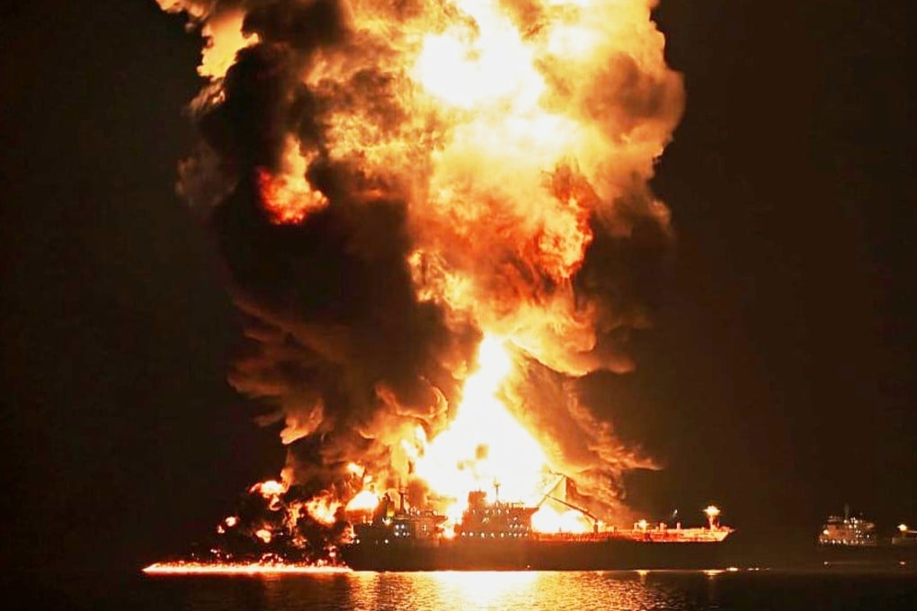 An oil tanker burns off the coast of Iraq after being hit by an Iranian strike last month amid the US-Israel war on Iran. Photo: AP