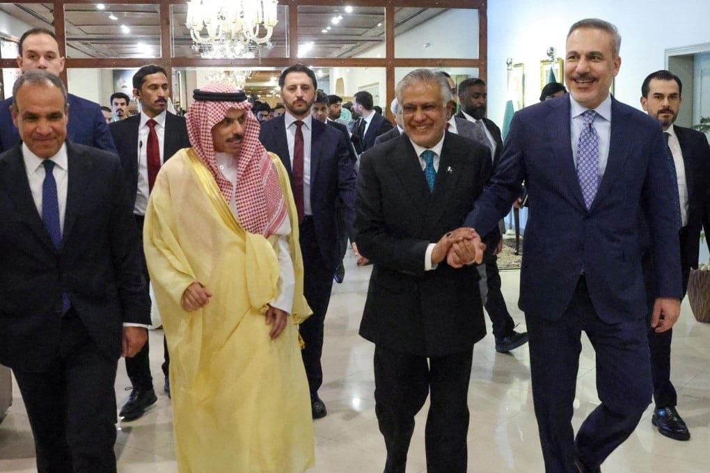 (From left) Foreign Ministers Badr Abdelatty of Egypt, Prince Faisal bin Farhan Al Saud of Saudi Arabia, Ishaq Dar of Pakistan and Hakan Fidan of Turkey meet to discuss regional de-escalation in Islamabad, Pakistan, on March 29. Photo: Turkish Foreign Ministry/Reuters