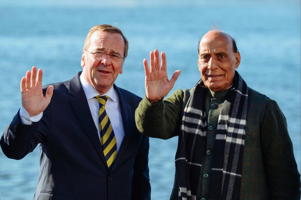 German Defence Minister Boris Pistorius (left) and his Indian counterpart Rajnath Singh wave as they visit the TKMS (ThyssenKrupp Marine Systems) submarine shipyard in Kiel, northern Germany, on Wednesday. Photo: AFP