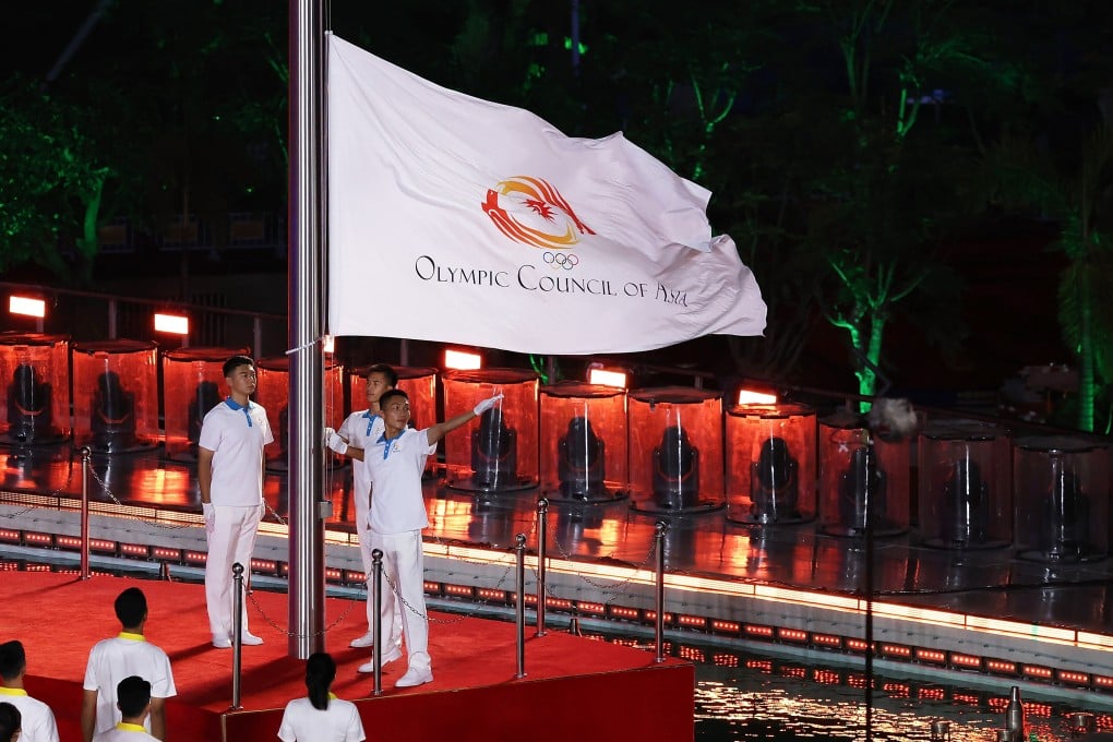The Olympic Council of Asia flag being raised during the opening ceremony of the 6th Asian Beach Games in Sanya, south China’s Hainan Province, on Wednesday. Photo: Xinhua